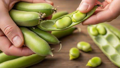 exploring the freshness of green peas: a close-up on the pea pod being opened, revealing vibrant and tender peas surrounded by others on a wooden surface