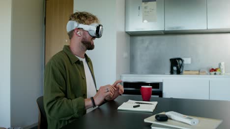 man using vr headset in a home kitchen