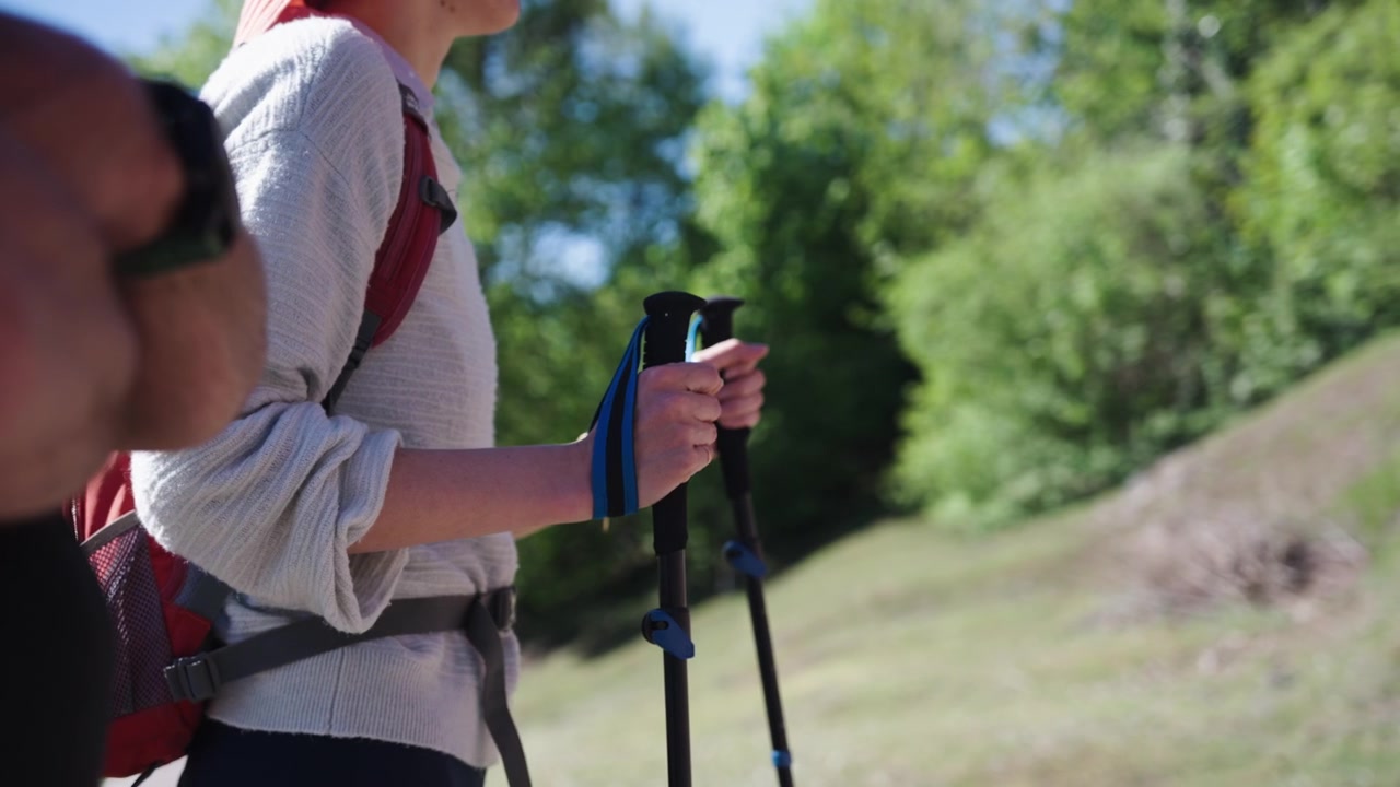 Vista di profilo di un escursionista che tiene bastoncini da trekking mentre cammina lungo un sentiero soleggiato. Attività di avventura all'aperto incentrata su attrezzatura fitness attiva ed esplorazione