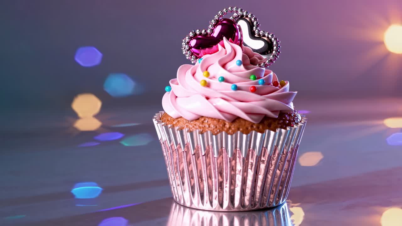 pastel rosa decorado con salpicaduras coloridas y un ornamento brillante en forma de corazón, girando ligeramente contra un telón de fondo de luces borrosas y brillantes, creando una atmósfera festiva y romántica