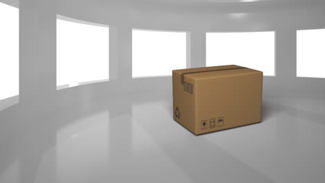animación de una caja de cartón cayendo en el suelo blanco con ventanas en el fondo
