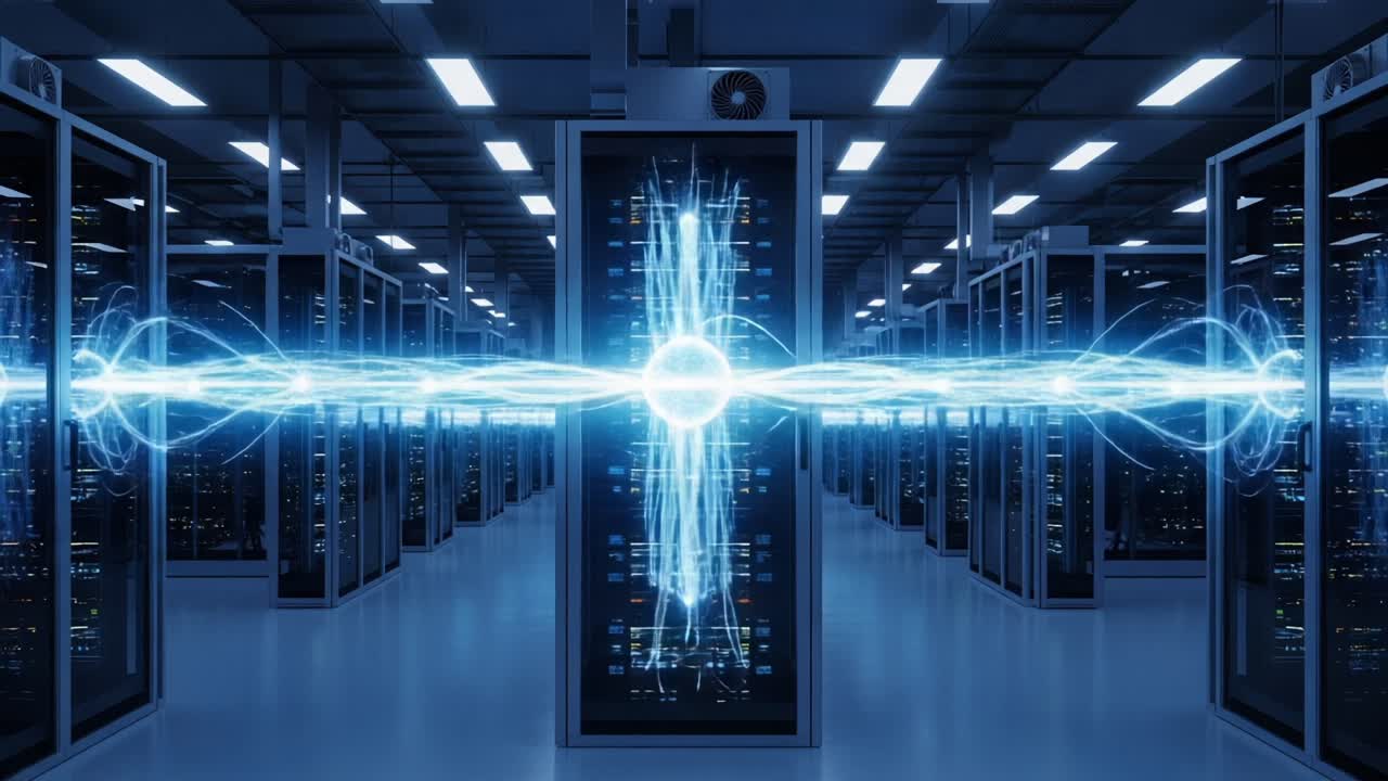 A Stunning Visualization of Data Flow in a High-Tech Server Room, Highlighting Energy and Connectivity in Modern Computing Infrastructure and Advanced Technology