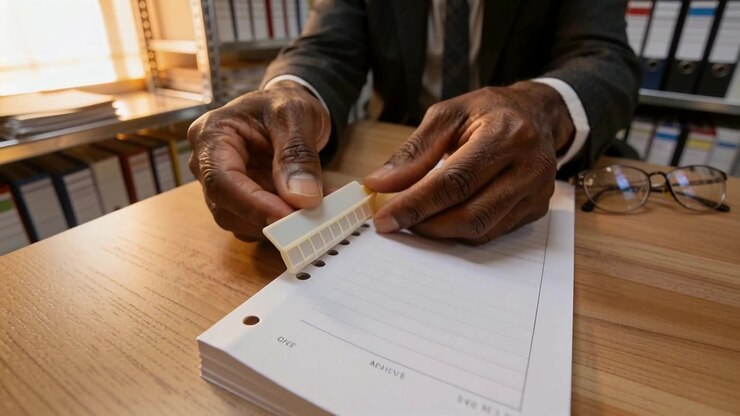 Reaching worker's hands in suit aligning and sliding comb insert at office desk securing pages