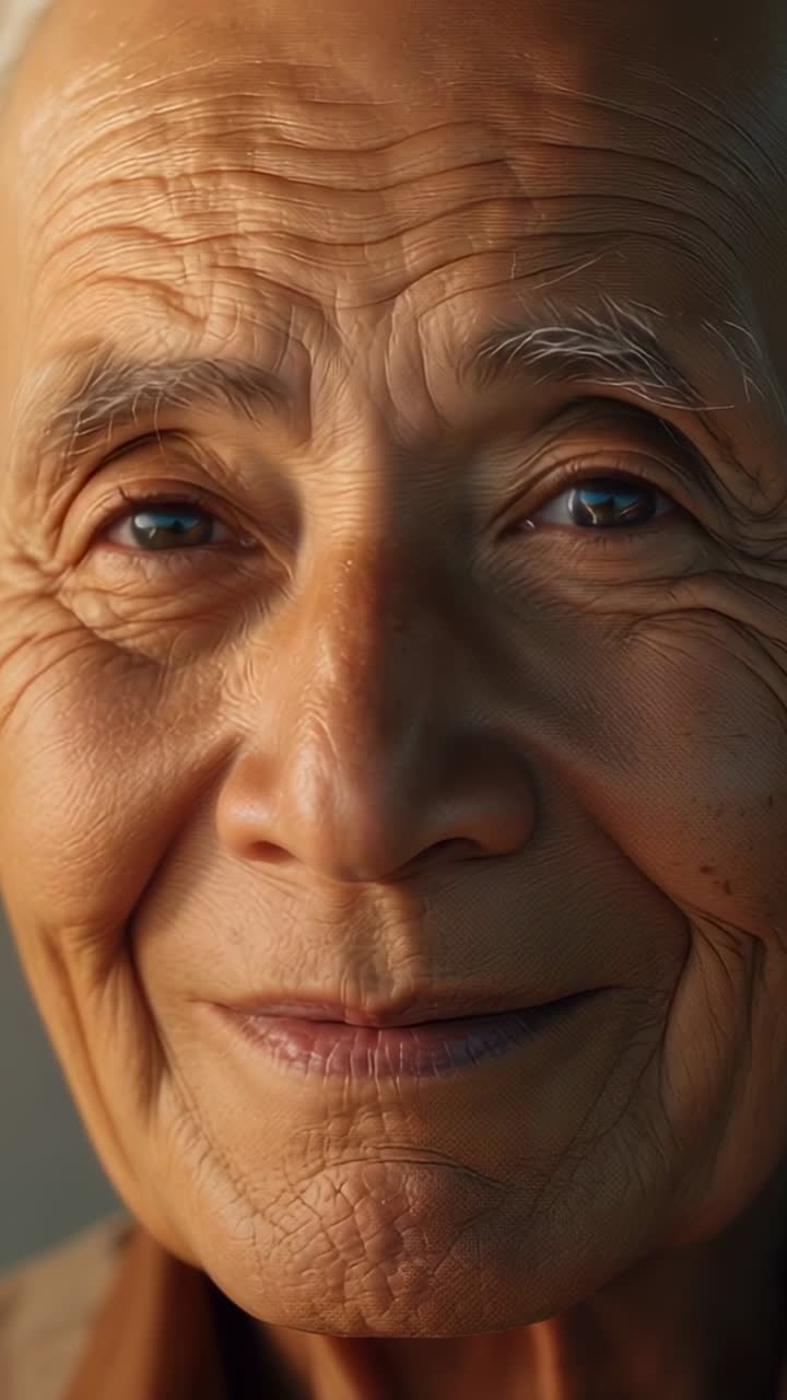 Vertical video: Smiling senior woman softening look as frames progress in portrait, brown shawl