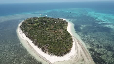 Drone-aerial-over-small-tropical-forest-island-around-a-clear-blue-reef-and-trees