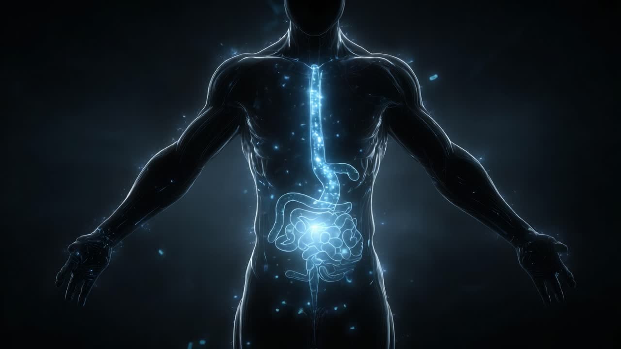 Anatomia Humana Iluminada: Uma Visualização Impressionante do Sistema Digestório em Estilo Neon Futurista, Apresentando o Funcionamento Interno do Corpo com Detalhes Vibrantes
