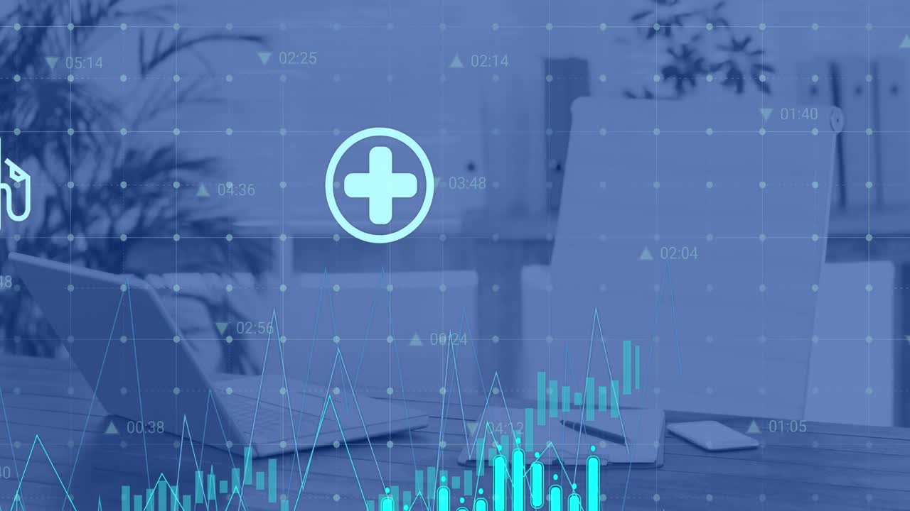 animación de múltiples iconos y gráficos sobre el patrón de cuadrícula contra la silla vacía y la computadora portátil en el escritorio