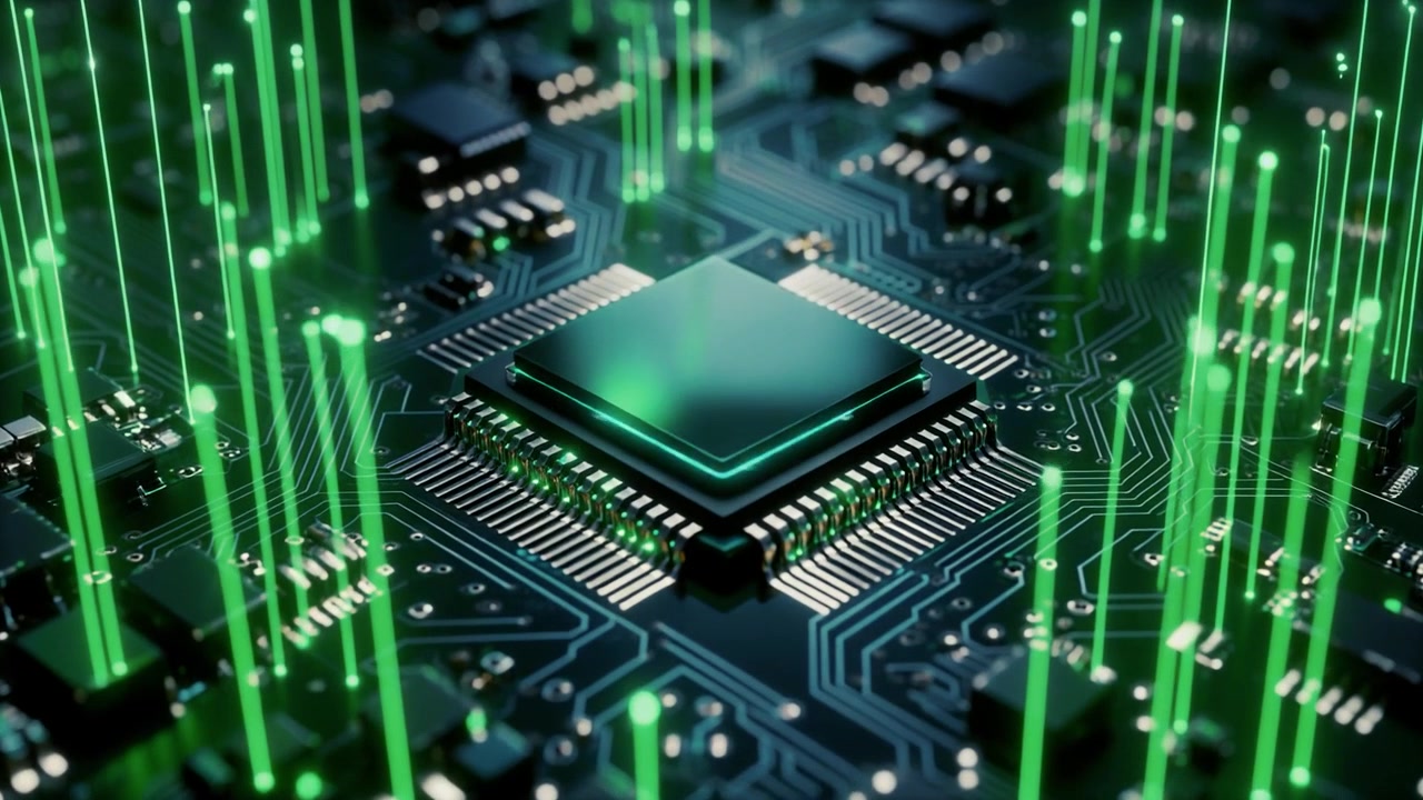 Digital processorchip på printkort med glødende grønne datastrømme