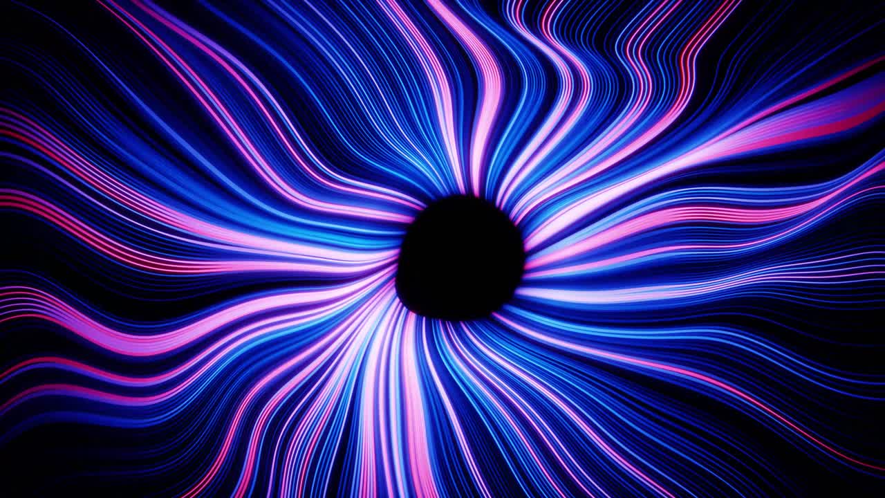 Linee astratte luminose blu e rosa che fluiscono da un vuoto centrale