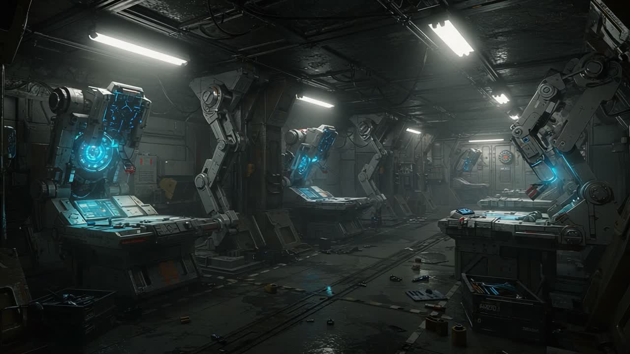 Futuristic Industrial Workshop with Robotic Arms and Advanced Technology: An Enigmatic Setting for High-Tech Machinery and Automation