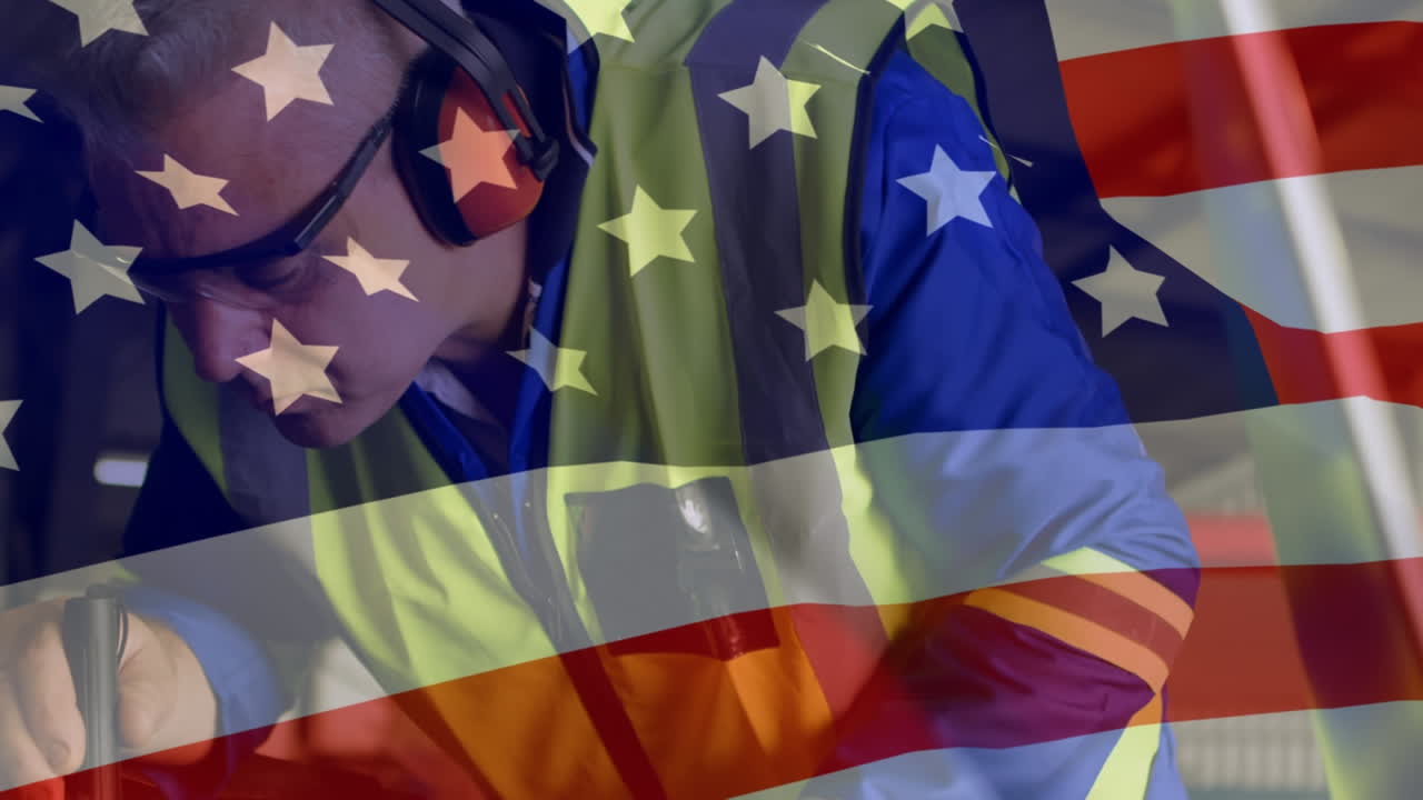 Animation of American flag waving over man in the background