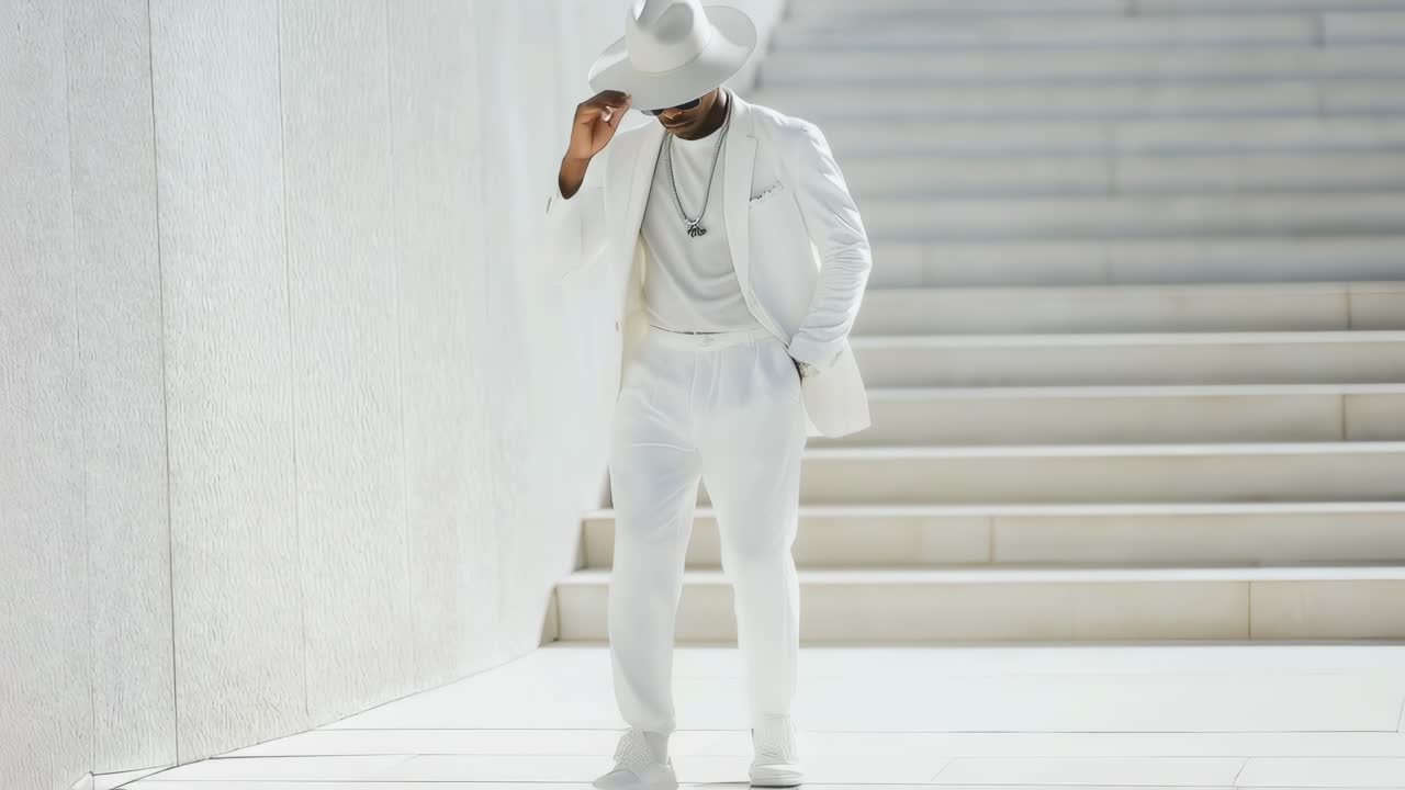 Stylish Man in White Suit on Stairs