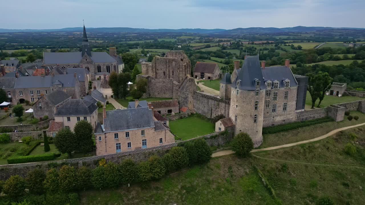 Aerial View of a Medieval Castle and Village in France