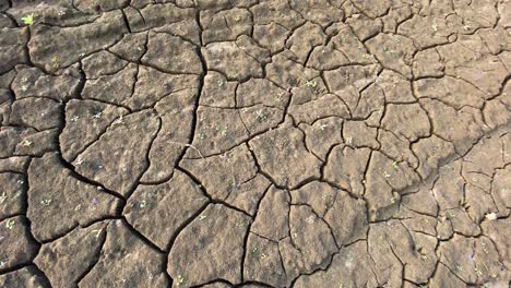 high angle close up pan of dry clay soil terrain, drought concept, sunny day