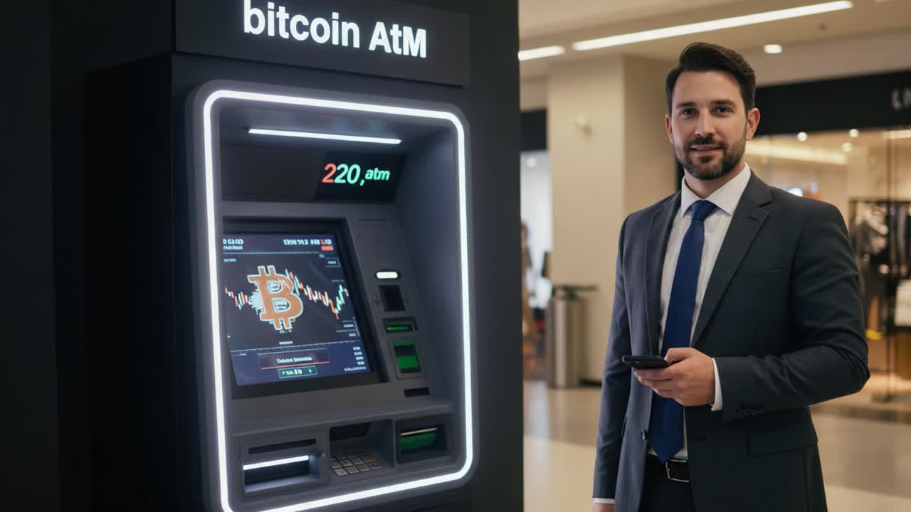 A Professional Standing Next to a Bitcoin ATM Showcasing Cryptocurrency Transactions in a Modern Setting with Advanced Digital Interface