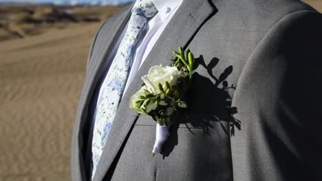 groom wearing handsome suit and tie and flower corsage for wedding, closeup