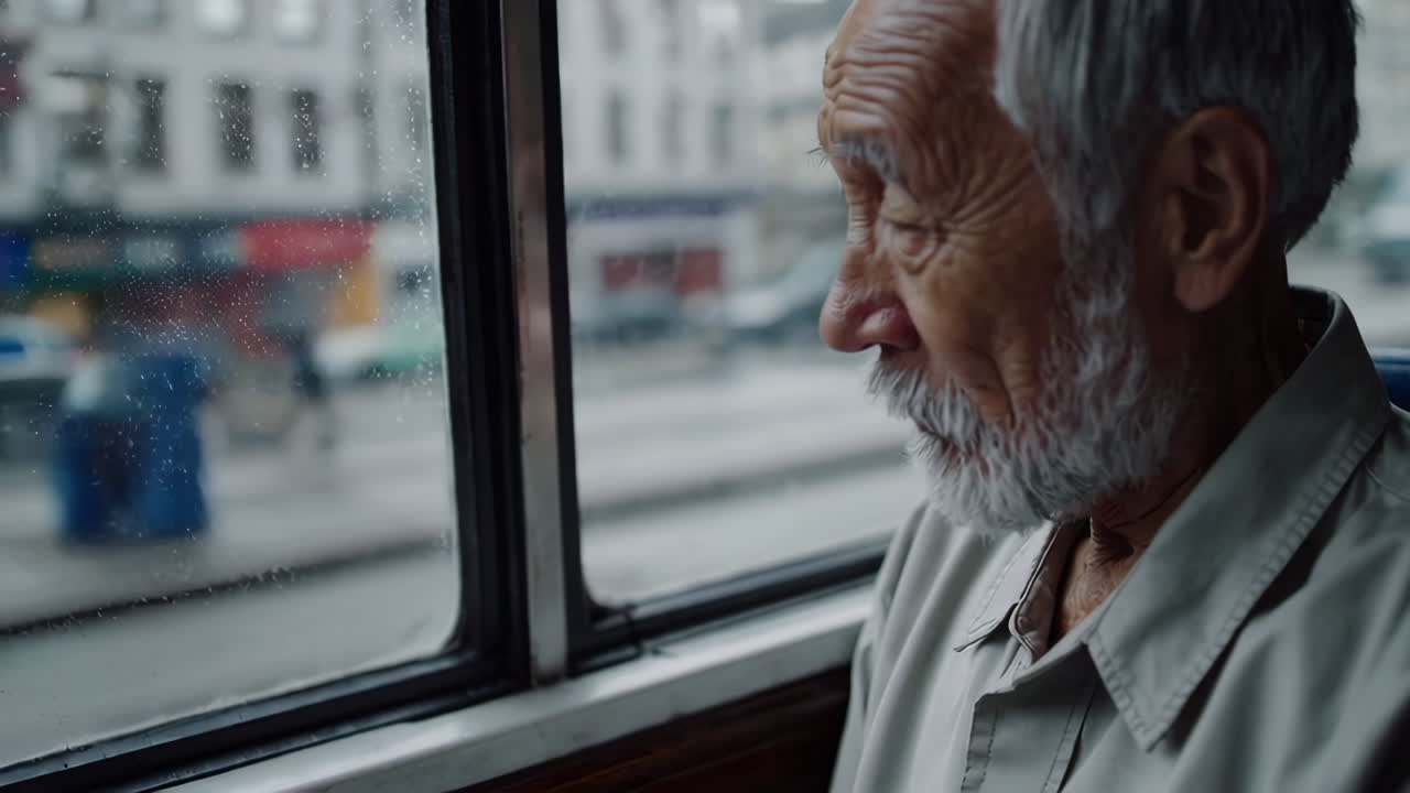 Elderly Man Looking Out of a Bus Window on a Rainy Day