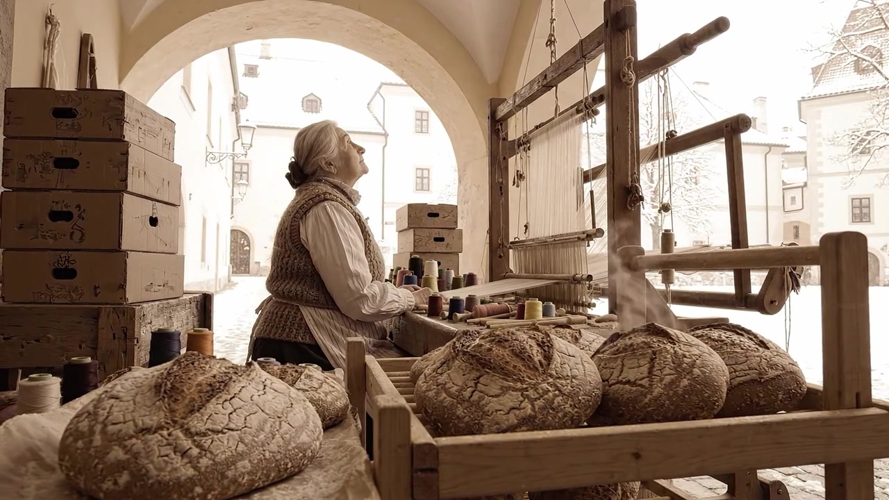 Un artisan habile confectionnant du pain et des textiles traditionnels dans un cadre historique charmant, mettant en valeur des techniques ancestrales et le patrimoine culturel
