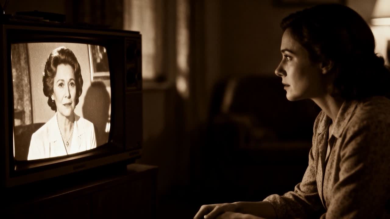 Woman viewer sitting room leaning forward as onscreen host speaking drawing focus to CRT broadcast