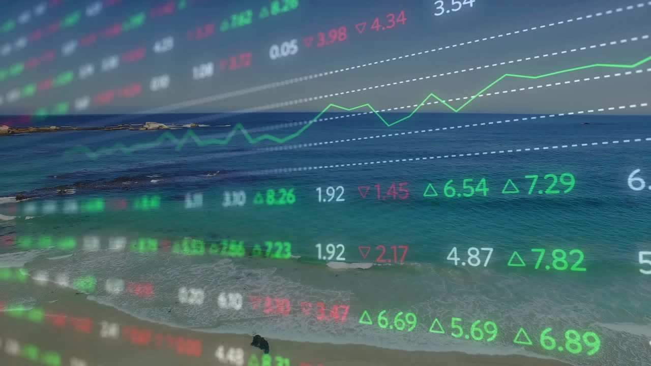 Stock market data animation over serene beach landscape with ocean waves