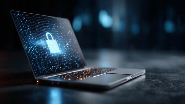 Un elegante portatile che mostra il simbolo di un lucchetto digitale, a rappresentare la tecnologia avanzata di sicurezza informatica e protezione dei dati in un moderno panorama digitale