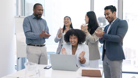 woman, clapping or excited business people