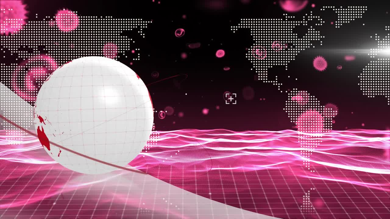Animation of globe and world map over virus cells