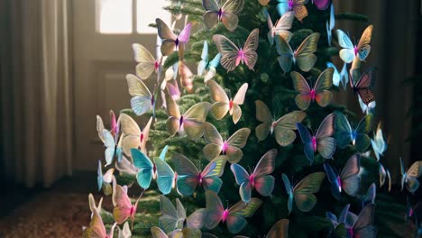 christmas tree decorated with colorful butterflies