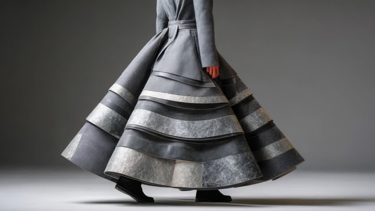 Presentazione di design elegante e artistico con un abito grigio alla moda, strati fluidi e righe distintive, che cattura il movimento e la trasformazione della moda in movimento
