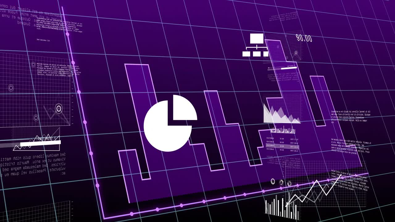 Opening dark purple grid plane starting icons fading sliding charts animating for showing data flow