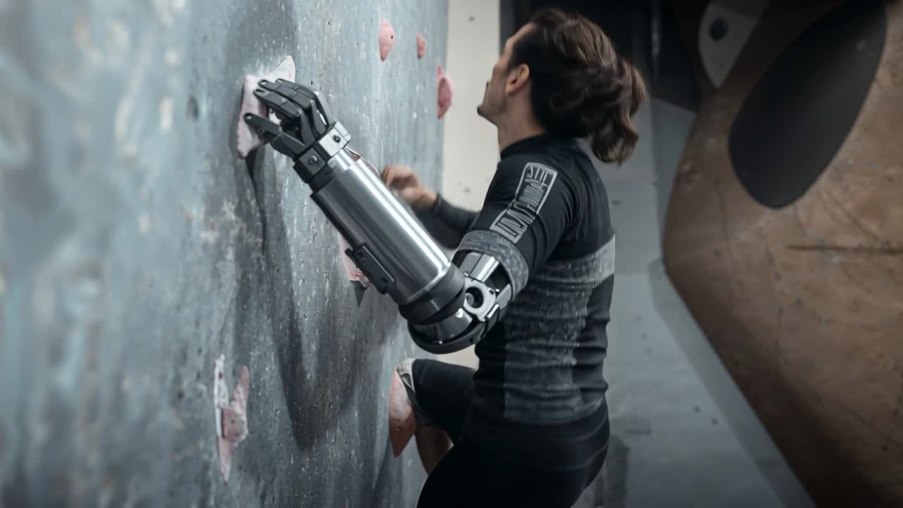 Vertical video: Male climber anchoring left prosthetic arm and reaching pink holds while training