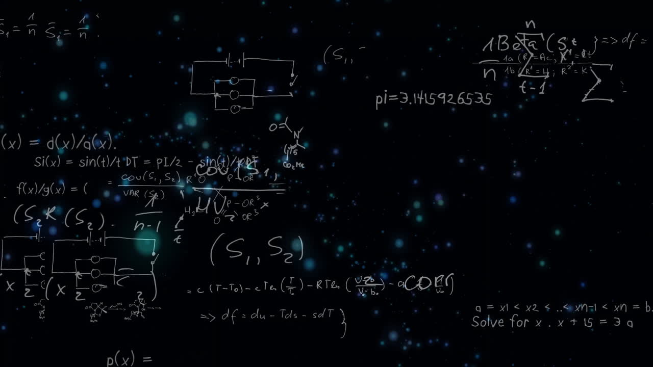 Mathematical equations and circuit diagrams over starry night sky animation