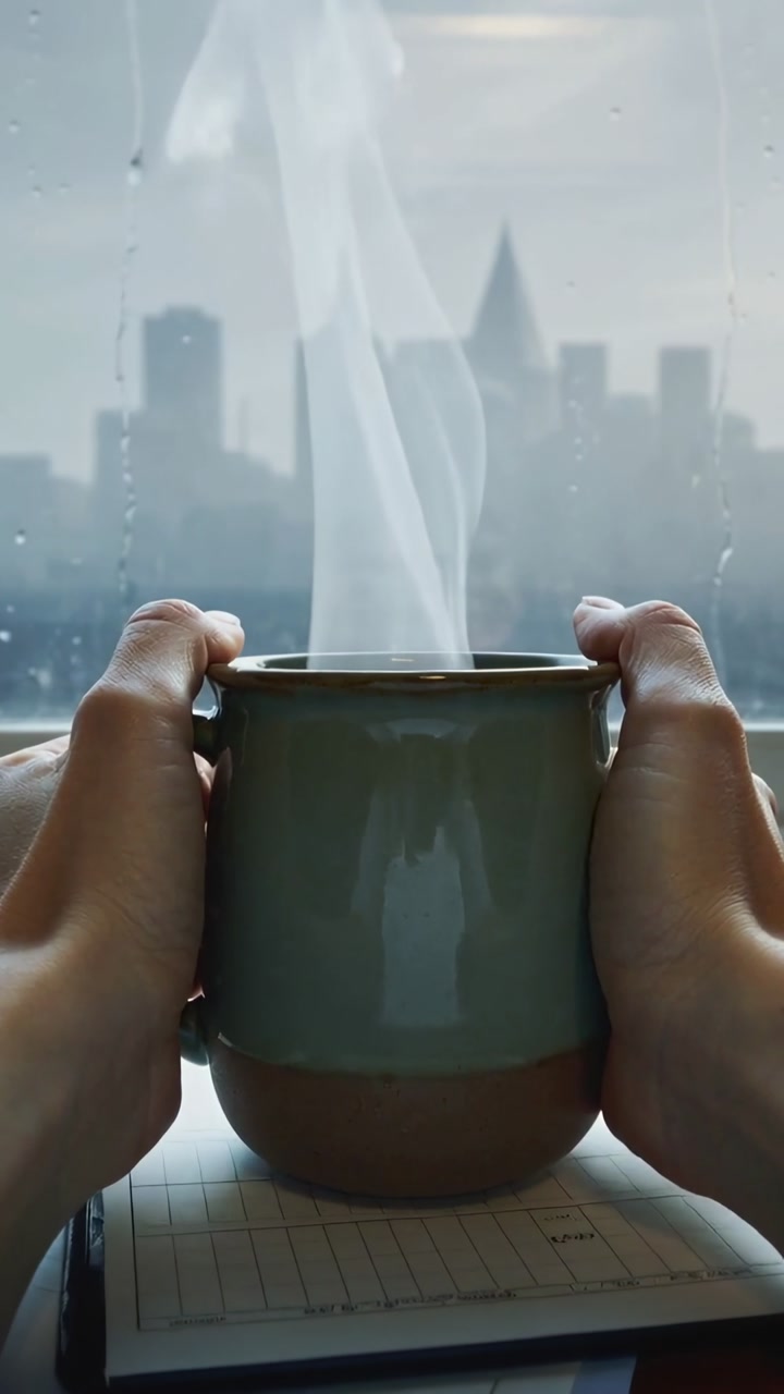Vertical video: Placing mug on planner, hands holding mug by window, steam curling over skyline
