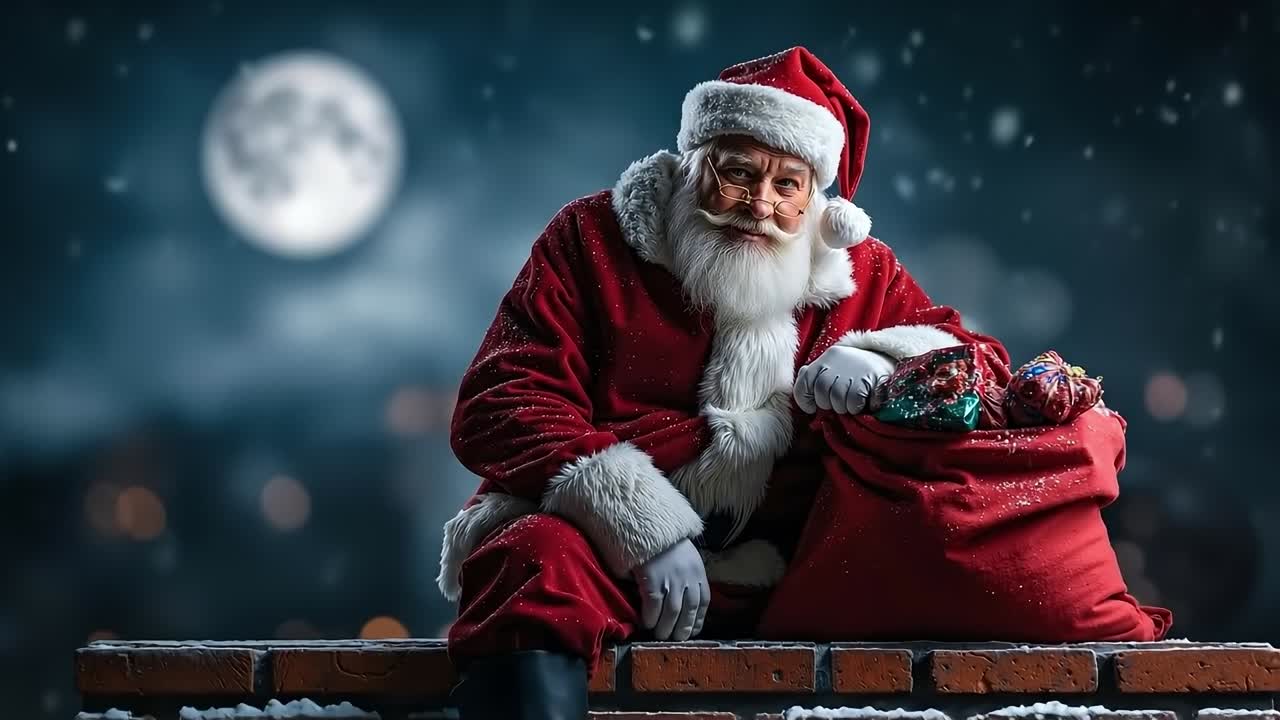 A santa claus sitting on top of a brick wall with a full moon in the background