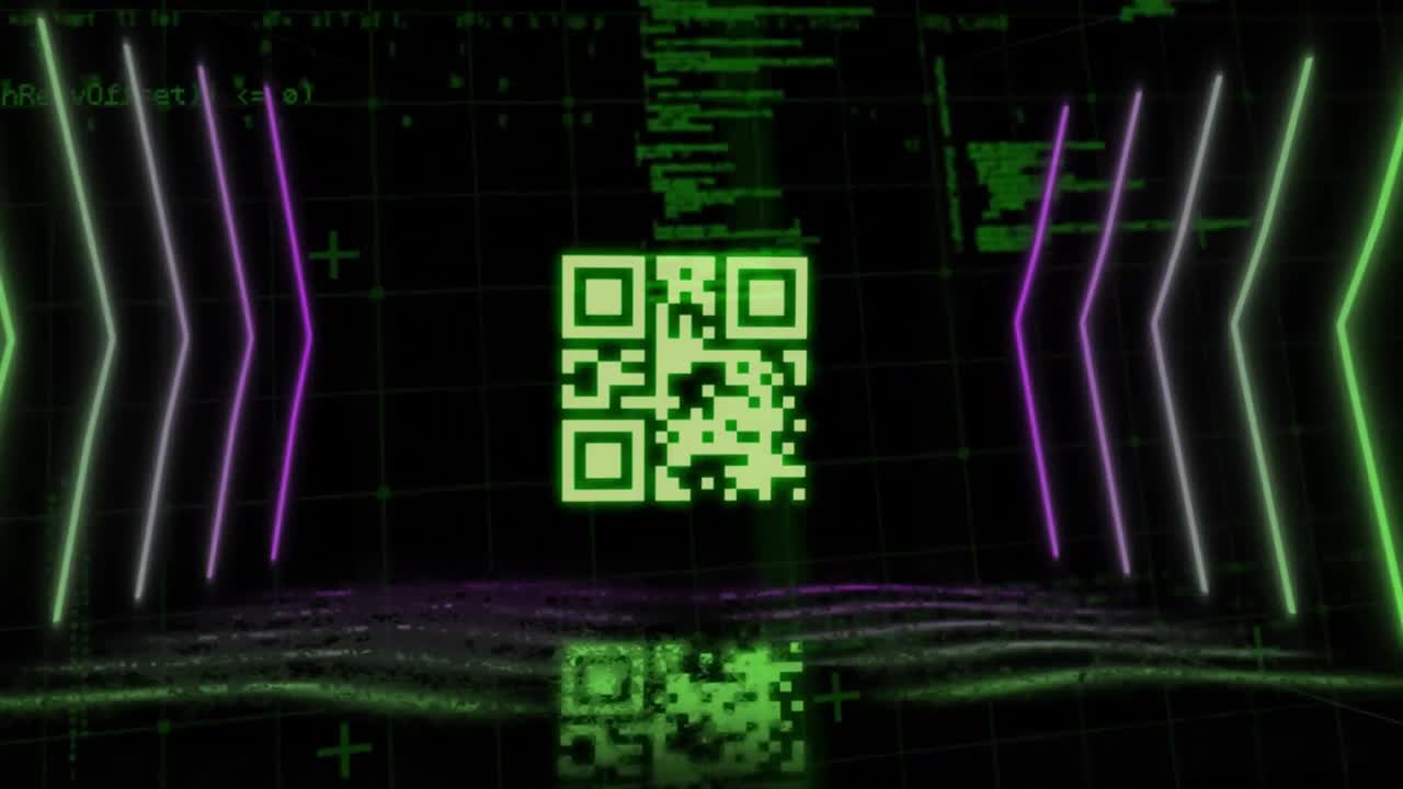 escáner de código qr con elementos de neón contra el procesamiento de datos