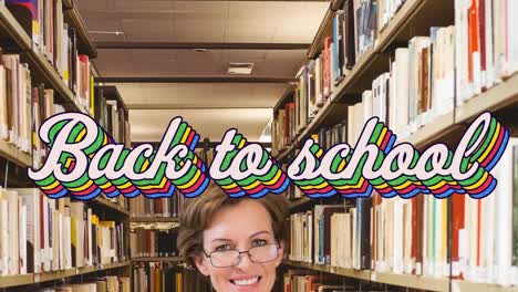 Animation-of-back-to-school-text-over-teacher-in-library