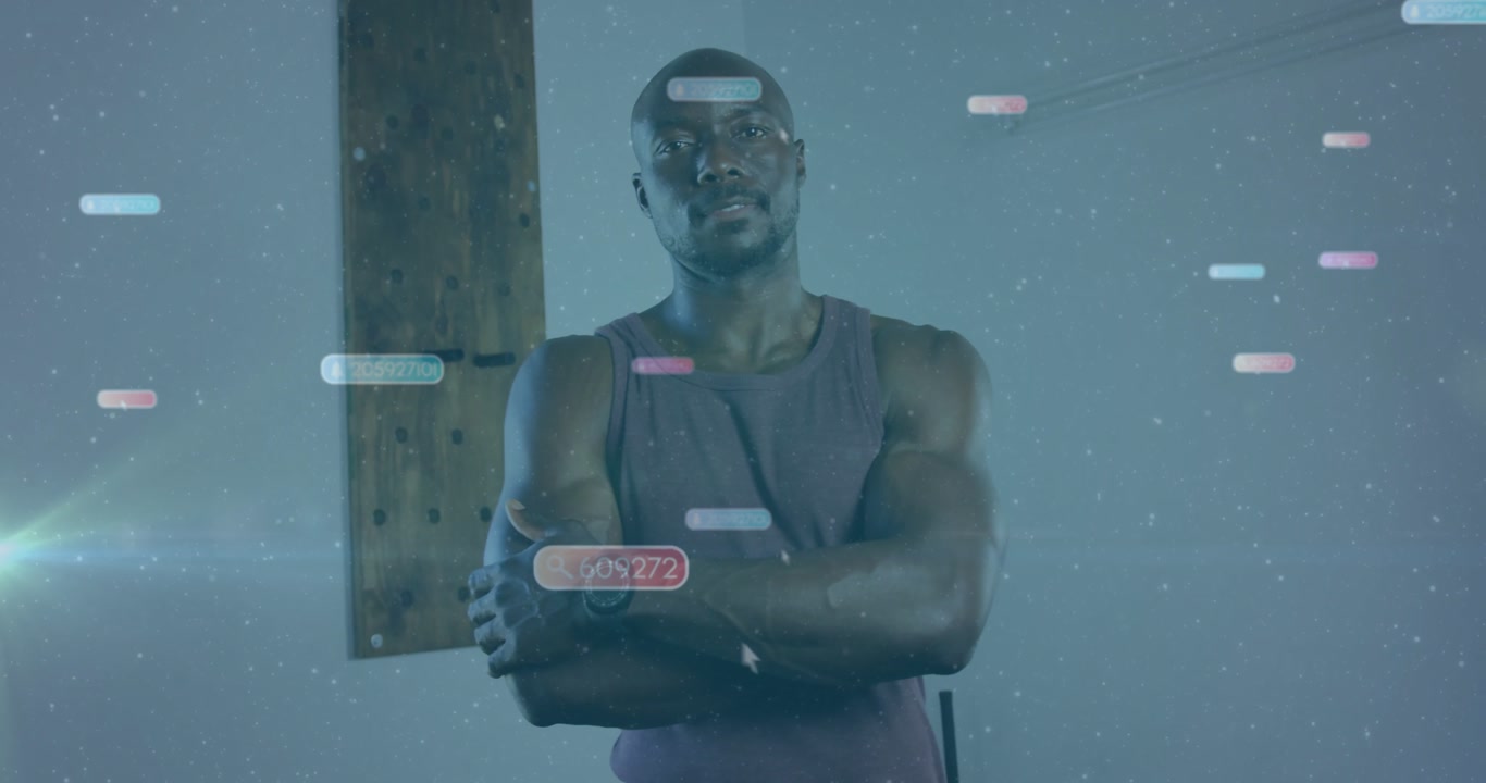 Tech host turning toward camera and crossing arms to project confidence with floating UI graphics