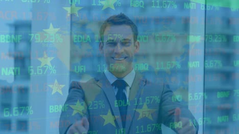 Animation-of-flag-of-eu-and-stock-market-over-caucasian-businessman