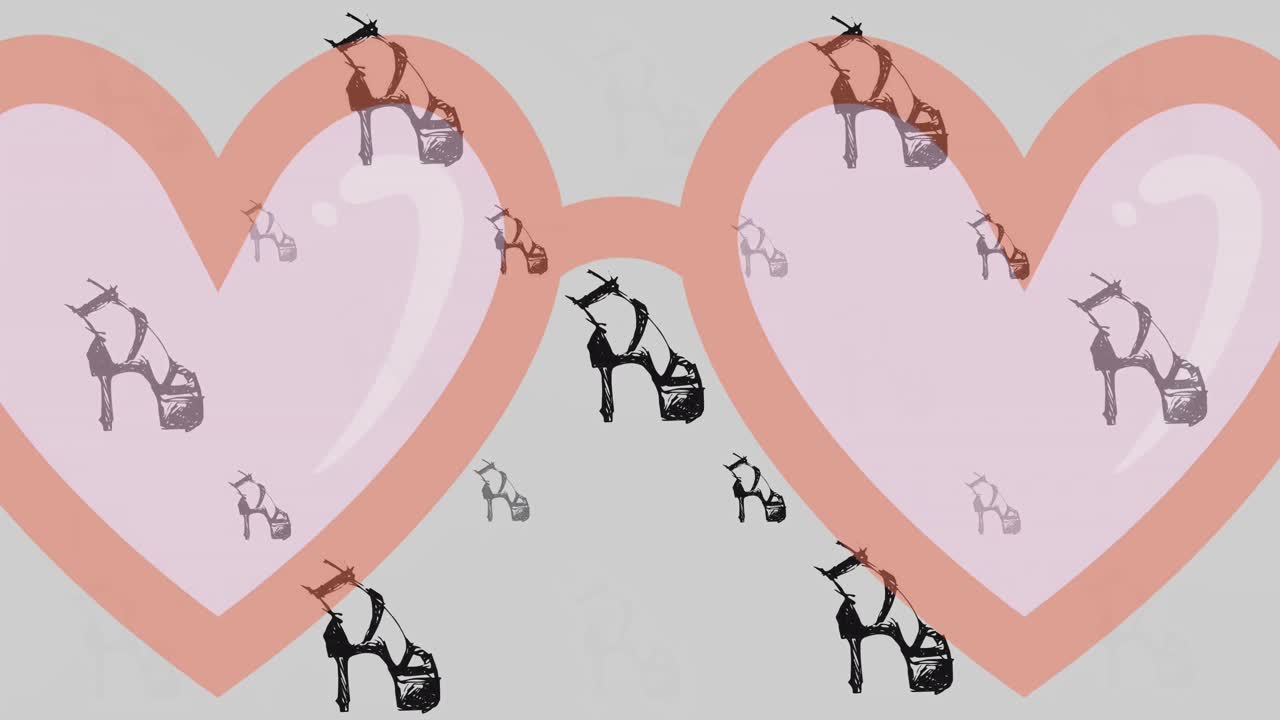 회색 배경에 높은 발 뒤꿈치 신발과 함께 분홍색 심장 모양의 선글라스의 애니메이션