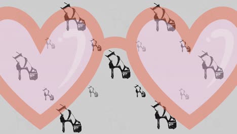 animation of pink heart shaped sunglasses with high heel shoes on grey background