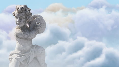 animation of gray sculpture of cupid over blue sky and clouds, copy space