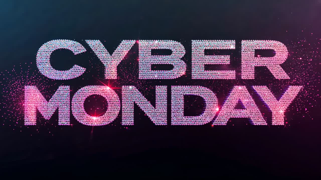 Animating faceted CYBER MONDAY type gaining depth on navy promo, first light sweep causing sparks