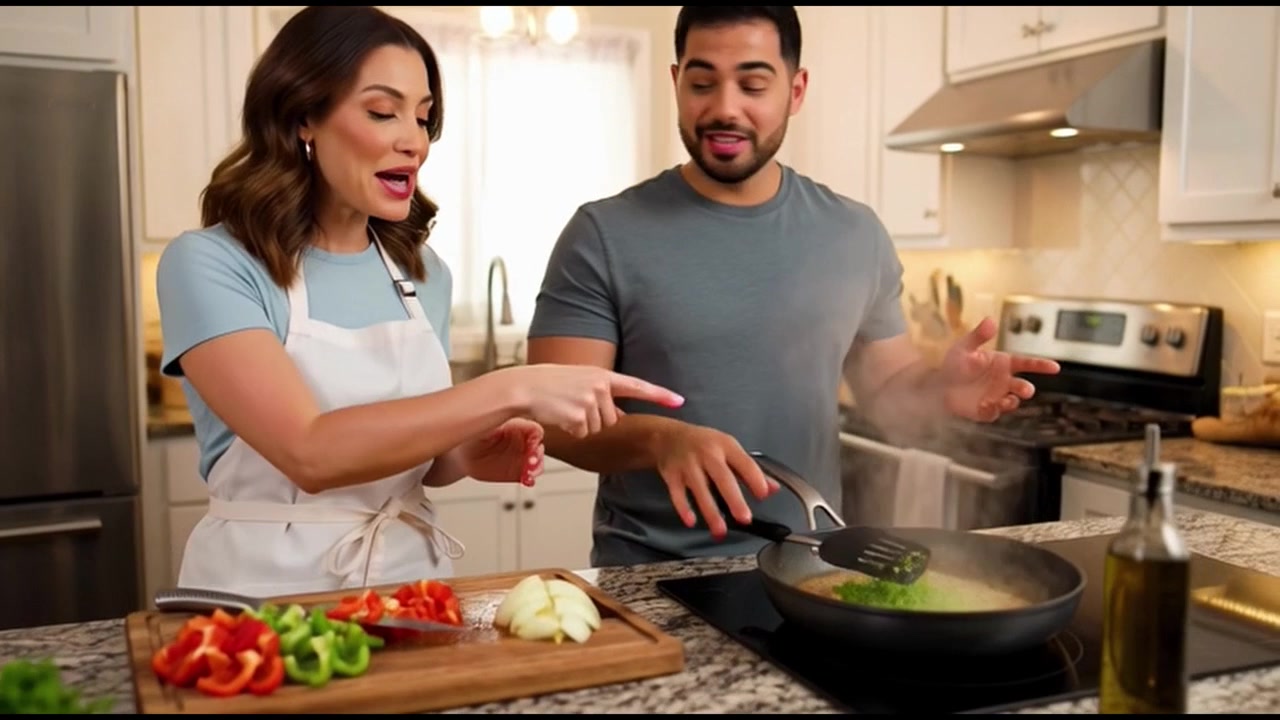 Una pareja feliz cocinando juntos en una cocina moderna