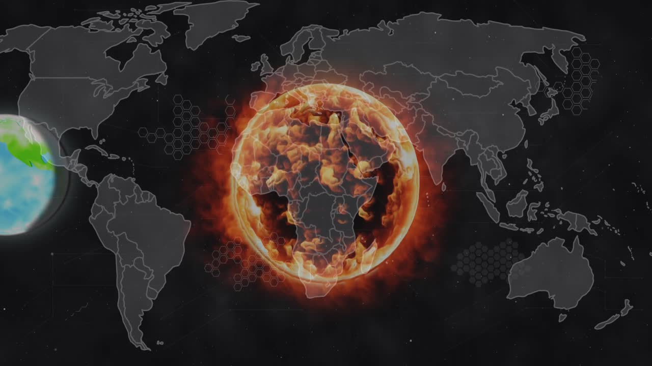 animación de globos iluminados sobre formas geométricas en el mapa contra un fondo negro