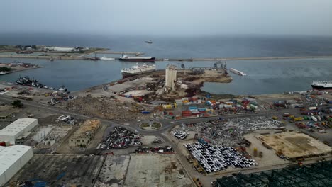 drone shot beirut port in lebanon with site of explosion and damage