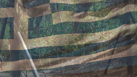 american flag animation over playground climbing net and trees in background