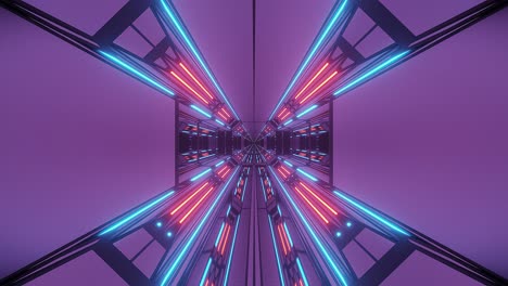 futuristic corridor in octagon shape, blue and purple lit, space ship design, loop-able 3d cgi rendering motion animation