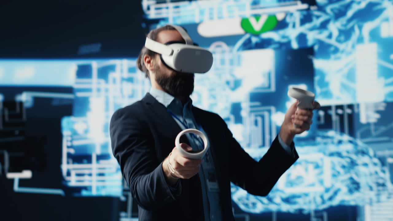 Modern businessman uses virtual reality gadget next to neural network system