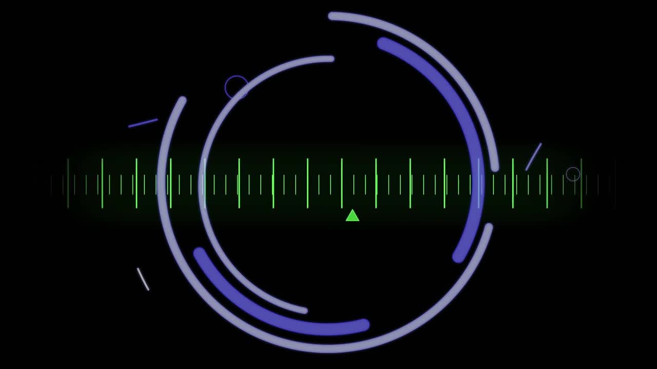 Audio waveform bars animating on black canvas, showcasing neon blue circles, purple diagonal lines