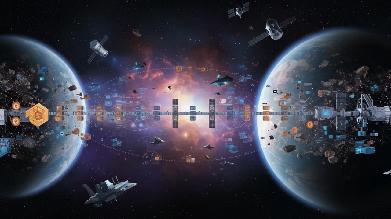 A Stunning Visual of Cosmic Exploration: Futuristic Spacecraft Navigate Through the Depths of Space, Surrounded by Asteroids and Advanced Technology